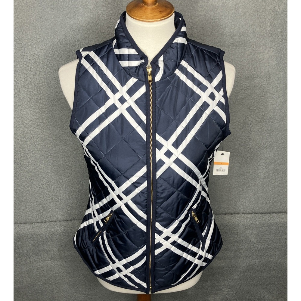 Crown & Ivy Puffer Vest Women's‎ S Blue & White Preppy Coastal Quilted NWT
